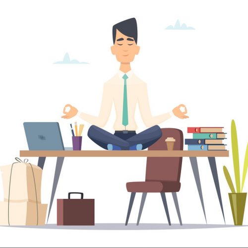 Businessman yoga meditation. Office relax in stressed work busy man sitting in lotus yoga practice at workspace vector concept. Illustration of businessman yoga meditation, calm and meditating